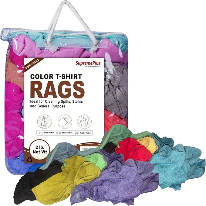 Recycled Multicolored Knit T-Shirt Cleaning Cloths, 2 lb Bag of Rags, Reusable & Multipurpose Cotton Rags for Wiping, Dusting, Polishing, Staining, Paint Spill Cleanup, and Home Use