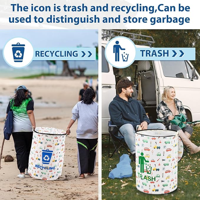 Jingmore 2 Pcs 30 Gallon Collapsible Trash Can, Waterproof, Zippered Lid | Portable Camping Garbage Can, Reusable, for Rv, Laundry Hamper, Recycling, Yard Waste, Leaf Bag and Toy Bin