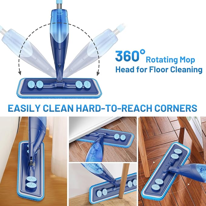 Microfiber Hardwood Floor Mop - Spray Mop with 4 Washable Pads | Wet Dry Use Mop, For Tile Wood Laminate Vinyl Marble Multi-Surface, 500+ ML Refillable Bottle, 360° Swivel Head, Dark Blue