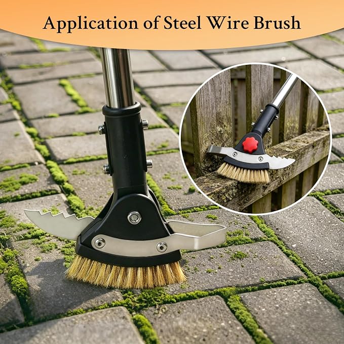 Crevice Weeding Tool Long Handle - Weed Scraper for Patio Pavers | Stainless Steel Weed Brush & Dual Scrapers, Adjustable 30.3"-58.66" Handle, for Driveway Sidewalk Patio Paver Crevice Weeding