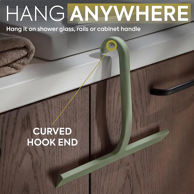 Shower Squeegee for Glass Doors, 10″ Green with No-Drill J-Hook | Hang Anywhere Without Adhesive, Seamless One-Piece Silicone, Encased Steel Core, Streak-Free Shower Squeegee for Glass & Tile