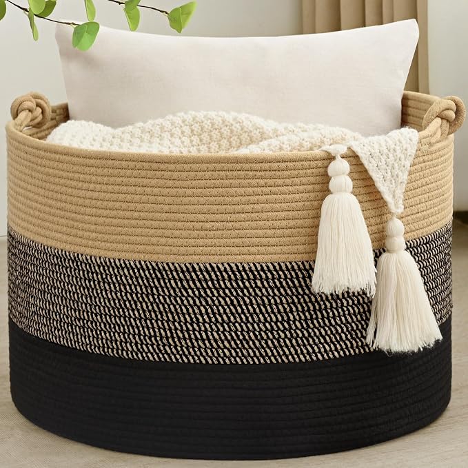 67L Large Blanket Basket, 20"x13" Woven Storage Baskets With Handle, Cotton Rope Blanket Basket Living Room, Baby Laundry hamper for Blanket, Nursery, Toy, Pillow (Brown & Black)