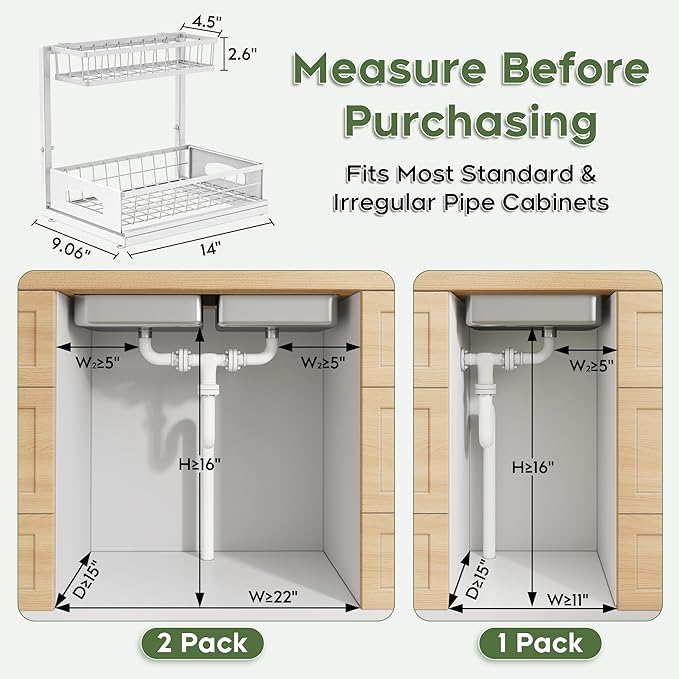 Under Sink Organizer, 1-Pack L-Shaped Metal Pull-Out Drawers for Kitchen | Cabinet Organizer Height Adjustable Heavy Duty Metal 2-Tier Storage Fits Beside Common Pipes for Bathroom Pantry