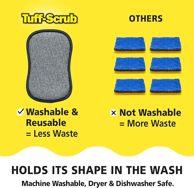 Original Scrub-N-Wipe Pad by Tuff-Scrub, 6-Pack, Microfiber, Multi-Surface, Non-Scratch, Dual-Sided, Scrubber for Dishes, Sinks, Non-Stick Cookware – Machine Washable, Durable Kitchen Sponge (Large)