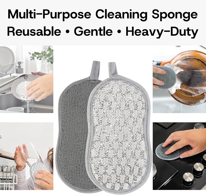 Multi-Purpose Dish Sponges Kitchen, Dual-Sided Non Scratch Scrub Sponges | 12Pack Reusable Cleaning Sponges with Microfiber & Metal Scrubber，Sponges for Dishes, Pots, Glass, Sink, Stovetop & Bathroom