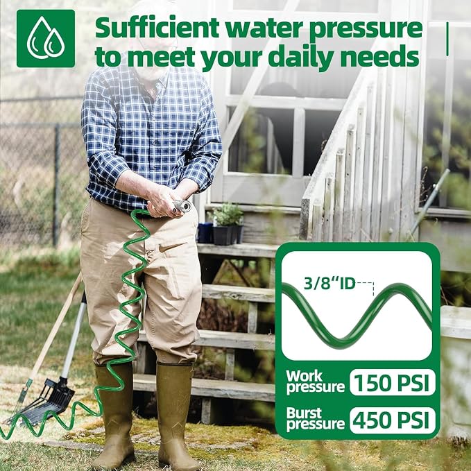 SPECILITE 3/8" Lightweight Coil Garden Hose 100 FT, EVA Flexible Water Hose | Curly Pipe with 6-Pattern Spray Nozzle for Outdoor, Boat, Greenhouse, Yard, Patio, Green
