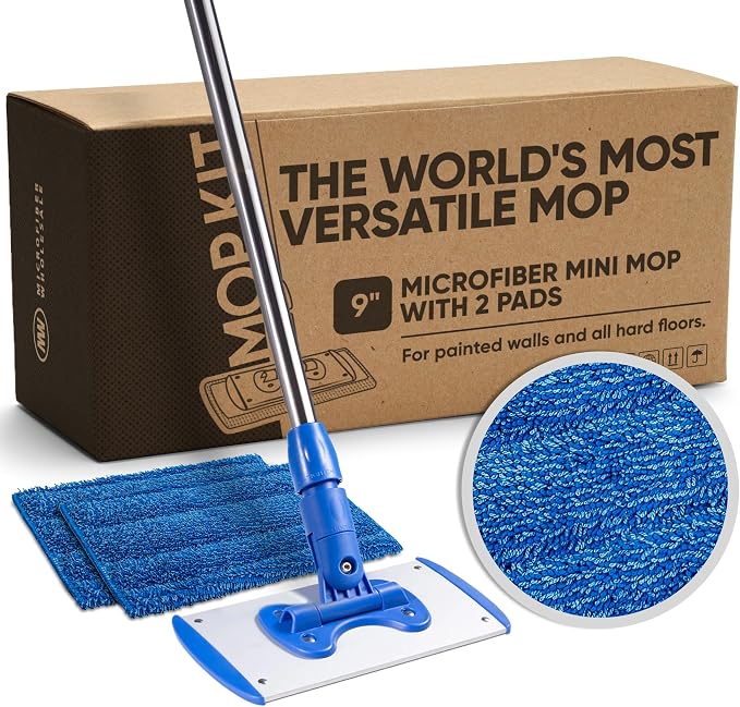 9" Mini Microfiber Mop System for Tight Spaces & Walls | Flat Floor Mop | Adjustable Stainless Steel Handle | 360° Swivel | 2 Washable Microfiber Pads | Hardwood, Tile, Vinyl