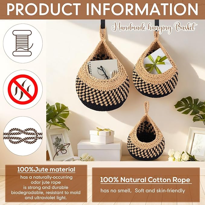 3 Hanging Baskets,Linen with Black,Teardrop,Cotton Rope | Wicker Wall Baskets with Hooks for Fruit Vegetable Onion Storage, Teardrop Organizer for Kitchen, Boho Farmhouse Decor