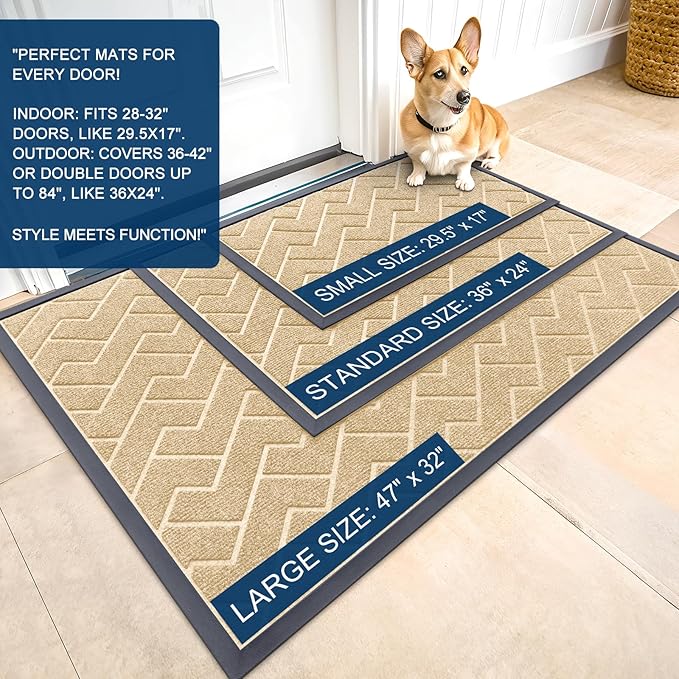 OLANLY Front Door Mat Outside 47x32, All-Season Absorbent Rubber Doormat | Beige, Heavy-Duty, Stain and Fade Resistant, Waterproof Non-Slip Backing, Low-Profile Indoor Outdoor Floor Mat for Entryway