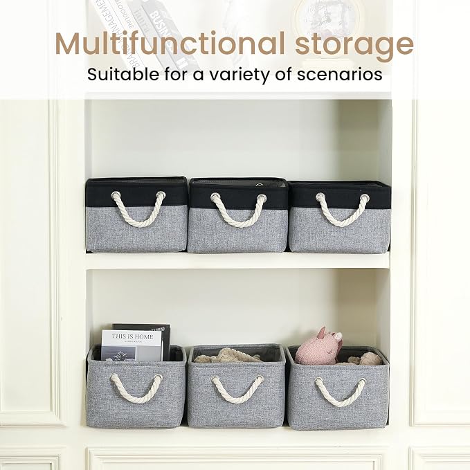 13.8x9.8x6.7 Inch Fabric Small Storage Bins with Handles 6 Pack | Foldable Storage Basket, Sturdy Metal Strand, Cardboard Support Molding, Small Baskets for Organizing, Shelves, Gray