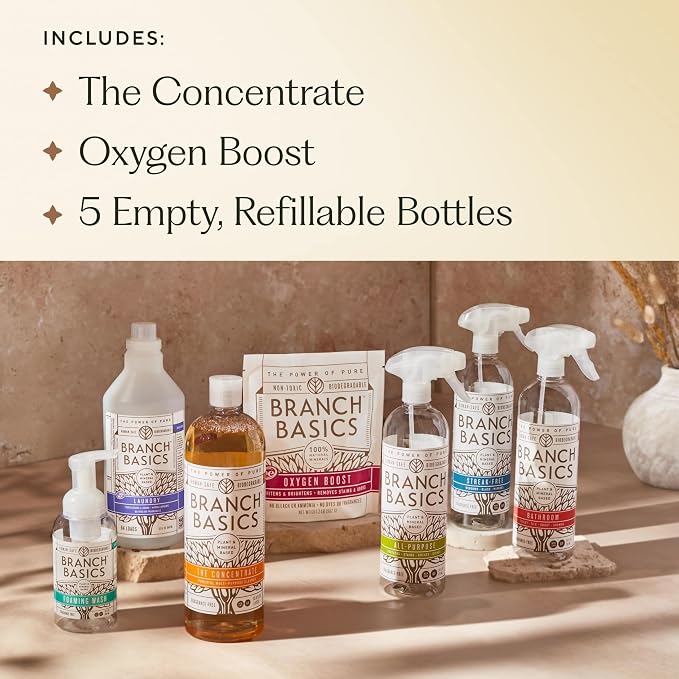 Branch Basics Premium Kit: All-Purpose, Glass, Bathroom, Hand Wash, Laundry | Refillable Plastic Bottles + Concentrate, Oxygen Boost. Fragrance-Free, Human-Safe, Plant-Based Formulas