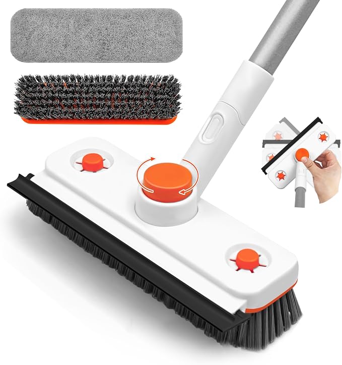 Floor Scrub Brush with Long Handle, 3-in-1 Rotating Scrubber with Squeegee | 60" Telescopic Floor Scrubber with 2 Detachable Heads for Cleaning Shower Bathroom Kitchen Deck Bathtub Tile Patio Garage