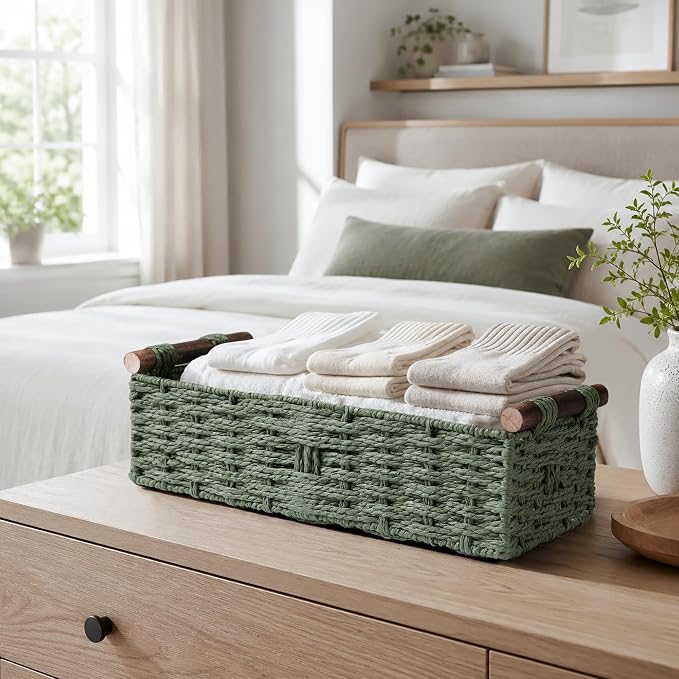 Round Paper Rope Storage Basket Wicker Baskets for Organizing with Handle Decorative Storage Bins for Countertop Toilet Paper Basket for Toilet Tank Top Small Baskets Set,Green | with Handle for Bedroom Home Decor and Shelves Apartment Countertop Use,G...