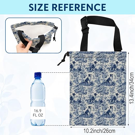 Chinoiserie Border Collie Car Trash Bag Hanging for Back Seat | Blue and White Dog Canvas Drawstring Car Garbage Bag with Adjustable Buckle Vehicle Trash Can