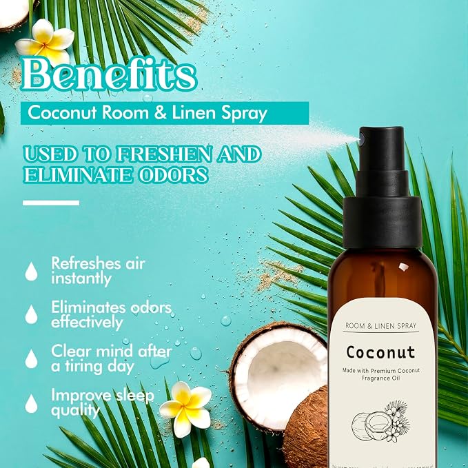 Fragrance Room Spray, Coconut Scent, Air Fresheners for Home | with Notes of Tropical Fruits, Long Lasting Room Air Freshener & Odor Eliminator for Home, Bathroom, Bedding, 2 x 4.06 oz