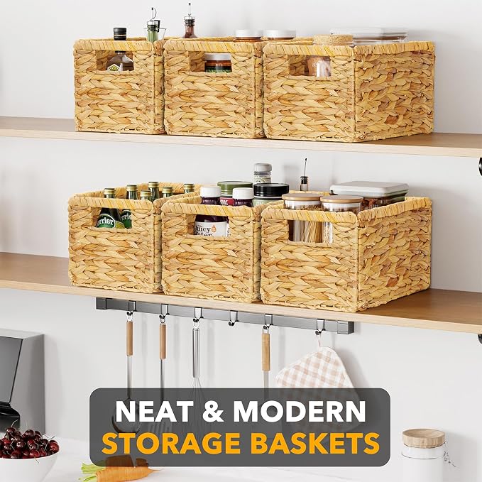 SpaceAid 6 Pack Wicker Basket, Storage Baskets for Organizing, Woven Rattan Basket with Handles for Shelves, Water Hyacinth Large Cube Organizer Storage Bin, 13x8.2x7 inch, Natural