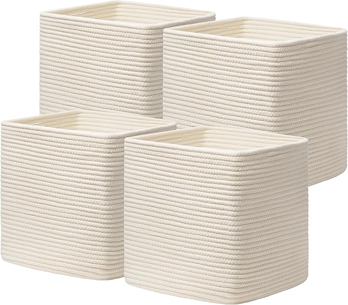joybest 11inch Cube Storage Bins, Cotton Rope Woven Organizer Basket | Set of 4 Cube Bin Square Shelves Organizer Closet Storage, Nursery, Toy Organization, Beige