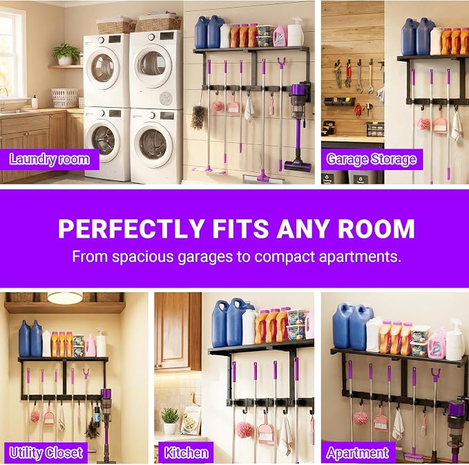 Heavy Duty Broom Holder Wall Mount, All-Metal Mop Rack with Storage Shelves | Space-Saving Cleaning Supply Organizer with Hooks Keeps Mops, Brooms and Tools Handy in Laundry Rooms, Garages and Kitchens