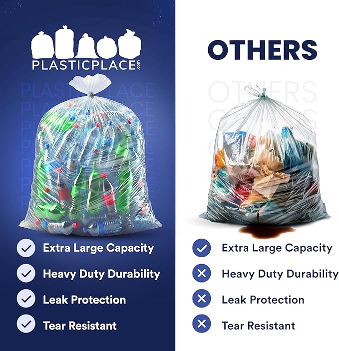 Plasticplace 95-96 Gallon Garbage Can Liners 1.5 Mil Clear Heavy Duty Trash Bags, 61 x 68”, 50 Count