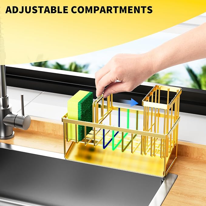Cisily Gold Kitchen Sink Caddy Organzier with High Brush Holder, Sponge Holder for Sink, 304 Rustproof Stainless, Kitchen Countertop Soap Dispenser Organizer, Home Decor and Accessories