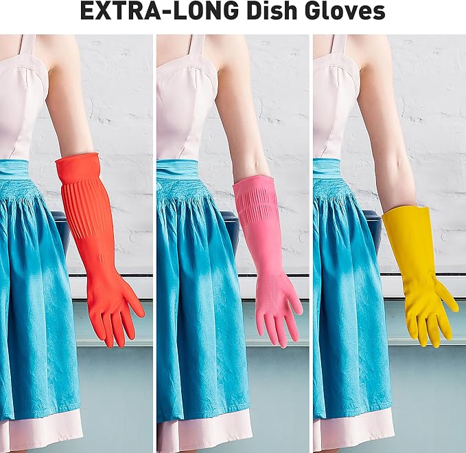 ThxToms Rubber Dishwashing Cleaning Gloves (2-Pair) - Fleece Lined | Reusable Long Dish Gloves for Washing Dishes, Waterproof Kitchen Gloves with Extra-Long Cuff & Anti-Slip Design, Small