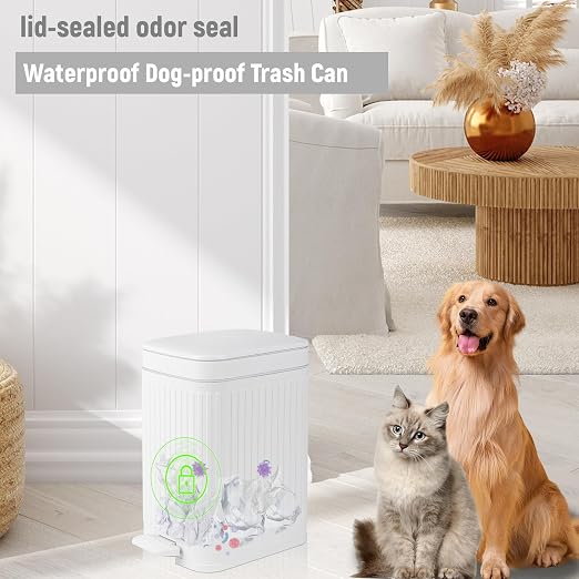 Small Bathroom Trash Can with Lid, 1.9 Gallon Slim Soft Close Step, White | Garbage Can with Pedal for Office, Bedroom, Kitchen & Living Room, Narrow Plastic Wastebasket Container for Small Spaces