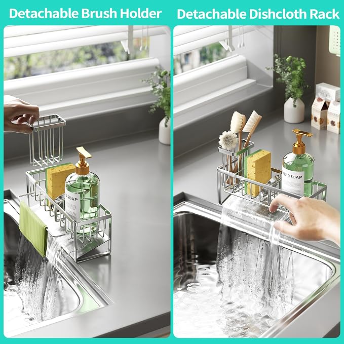 HapiRm Sponge Holder for Kitchen Sink - Self-draining Rustproof Organizer | Sloping Self-draining, Detachable Brush Holder, Stores Sponges, Brushes & Dishcloth, For Countertop Storage, Silver