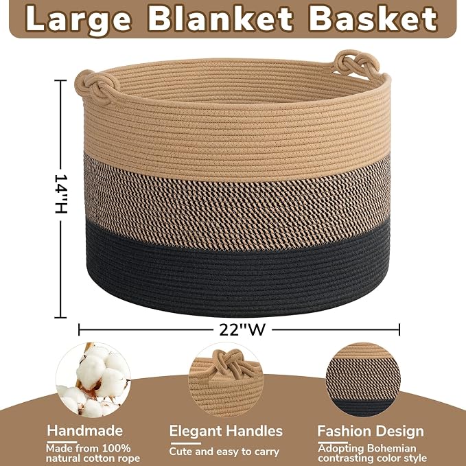 22"x22"x14" Large Blanket Basket, Home Décor for Living Room Bedroom, Decorative Wicker Woven Basket for Clothes, Toy Storage Basket for Kids, Camel Mix & Black