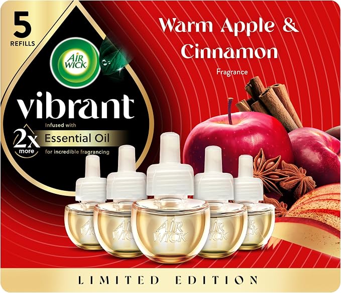 Air Wick Vibrant Plug-In Scented Oil Refills, 5 Count, Warm Apple & Cinnamon, Air Freshener, Essential Oils, Fall Scent, Fall Decor