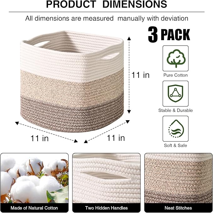 11 Inch Cube Storage Bins, Organizing Bins for Cube Organizer, Storage Baskets for Organizing, Woven Storage Basket for Shelves, Cotton Rope Baskets for Storage, Gradient Brown (Pack of 3)