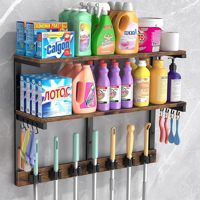 Housolution Wall Mount Broom Holder Hanger Laundry Room Storage Shelves | 2 Tier Large Capacity, Thickened Metal Frame, 100 LBS High Load-Bearing, Multifunctional with 7 Grippers & 8 Hooks