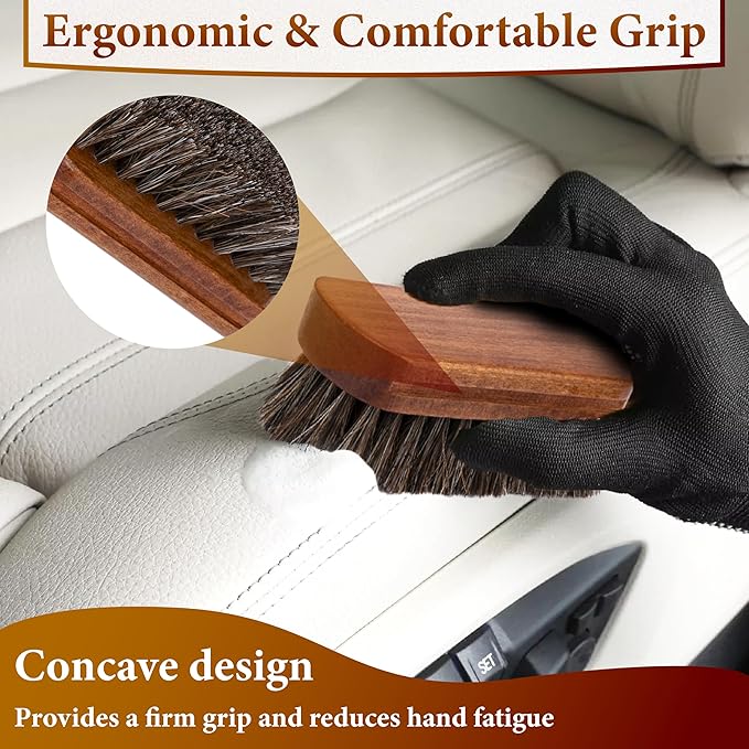 2 PCS Leather Brush Car Detailing, Horse Hair Brush, Car Cleaning Supplies | Car Interior Brush, Carpet Brush for Car Detailing, for Car Accessories Interior, Carpet, Upholstery, Furniture and Shoes