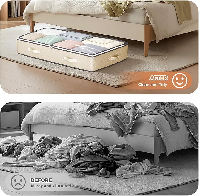 Budding Joy 95L Underbed Storage Containers, 4 Pack Closet Organizers Beige | Underbed Storage Bags for Blankets, Towels, Comforter, Sweaters, Linen Sheets, Wrapping Paper