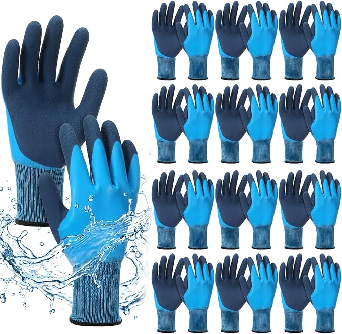 12 Pairs Waterproof Work Gloves Bulk, Safety Work Gloves for Men and Women, Double Coated Latex Non-Slip Grip, Durable for Gardening, Construction, Car Cleaning and Outdoor Activities (Blue)