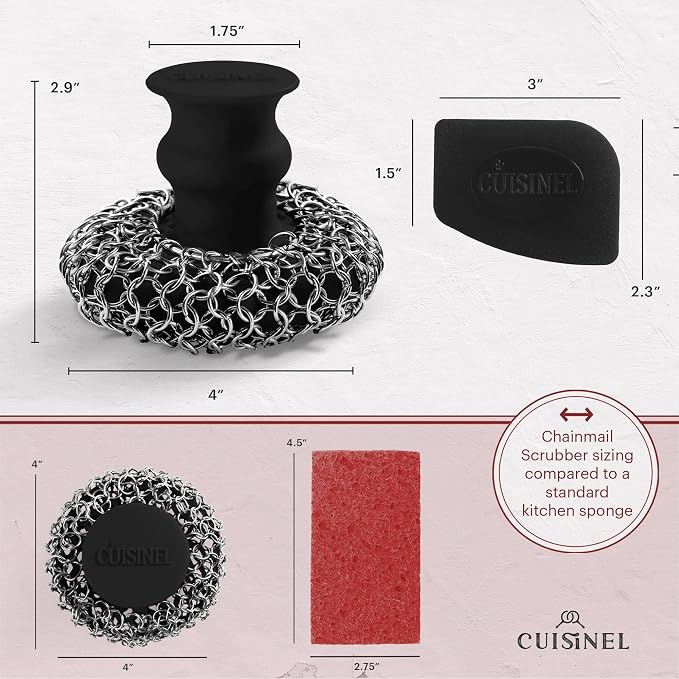 Cuisinel Cast Iron Chainmail Scrubber + Pan Scraper - Deluxe Ergonomic Stainless and Silicone Cleaner for Pots and Skillets - Food-Safe Design - Easy to Clean Dishwasher Safe Cookware Sponge Accessory
