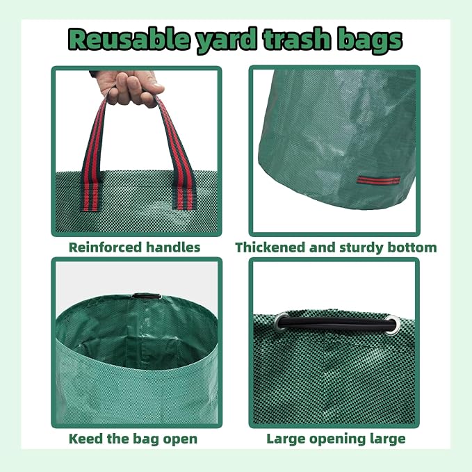 3 Pack 132 Gallon Extra Large Yard Waste Bags with Lid | Jumbo Reusable Garden Bags with Gardening Gloves, Heavy Duty Collapsible Lawn Bag Holder for Massive Leaves & Debris