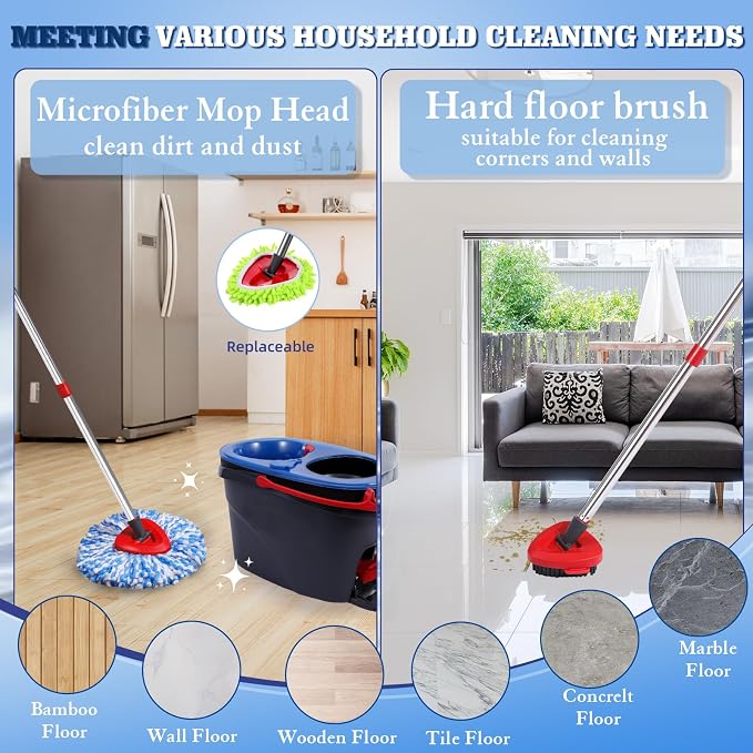 6 Pack Spin Mop Replacements Head Compatible for Ocedar RinseClean 2-Tank System,Microfiber Spin Mop Refills Head,2 Mop Scrub Brush + 1 Mop Base + 6 Pack Cleaning Floor Mop Head