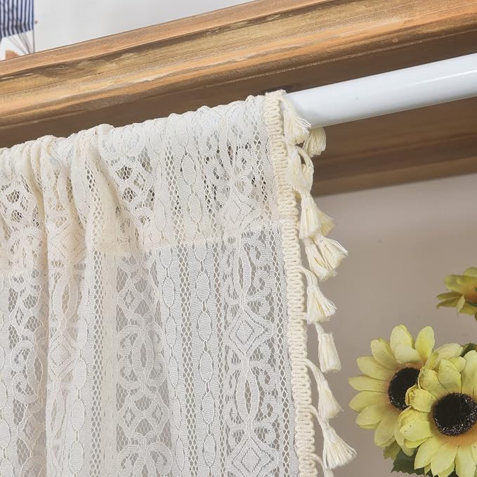 Sutuo Home Boho Sheer Curtain Valance Crochet Lace with Bohemian Hollow Knitted Handmade Tassels, Short Rustic Window Treatment for Kitchen Cafe, Rod Pocket, 1 Panel 59" W x 24" L,Beige
