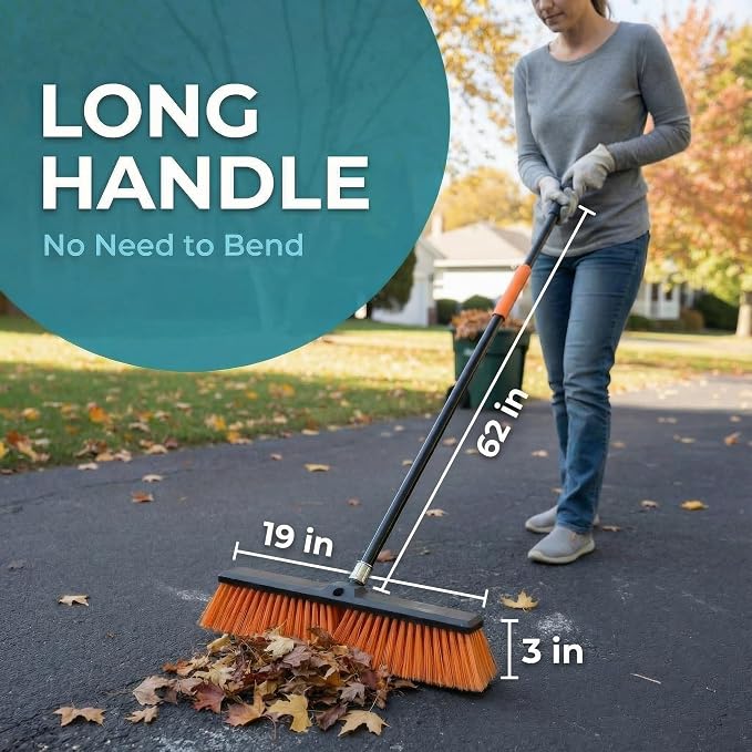 HELOMOR 2-Pack 19” Outdoor Push Brooms with 62” Long Handles – Heavy Duty Brooms for Driveway, Deck, Garage & Patio, Includes Dustpan Bin and Work Gloves