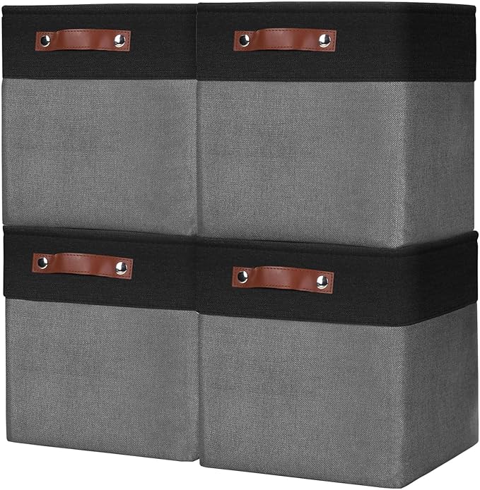 Collapsible Fabric Storage Cubes 11x11 Cube Storage Bins, 4 Pack Closet Baskets Box with Handles for Organizing, Shelf, Toys, Clothes, Home, Office, Nursery (Grey&Black)