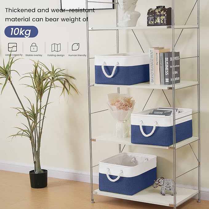 15.7x11.8x8.26 Inch Fabric Large Storage Bins with Handles 3 Pack | Foldable, Sturdy Metal Strand, Cardboard Support Molding, Fabric Storage Baskets for Shelves, Closet, Bedroom, White/Blue