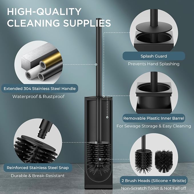 FORIOUS Stainless Steel Toilet Bowl Brush Scrubber and Holder Set Tall | Black, Extended Handle, Removable Inner Bowl, Stable Splash Guard, Steel Joint, Scratch‑Resistant Bristles, for Bathroom RV