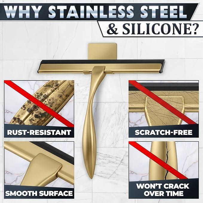 Stainless Steel Shower Squeegee, Glass, Silicone, 10 Inch (Gold) | Shower Door Squeegee with Silicone Blade, Adhesive & Hanging Hooks for Mirror, Tile, Window, Car, Multi-Surface Everyday Use