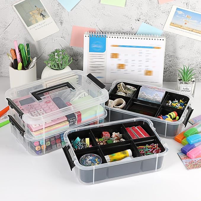 JUXYES 4-Tiers Plastic Stack Carry Storage Containers Box wih Handle Lids | Clear Stackable Latching Storage Bin With 2 Tray for School Office, Organizing Sewing, Art Craft, DIY Supplies, Black