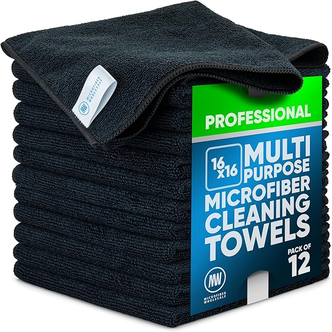 Microfiber Wholesale MW Pro 16x16 Auto Detailing Towels - Plush Car Drying Cloths for Wax Removal, Interiors & Body Shops - Scratch Free (Black, 12-Pack)