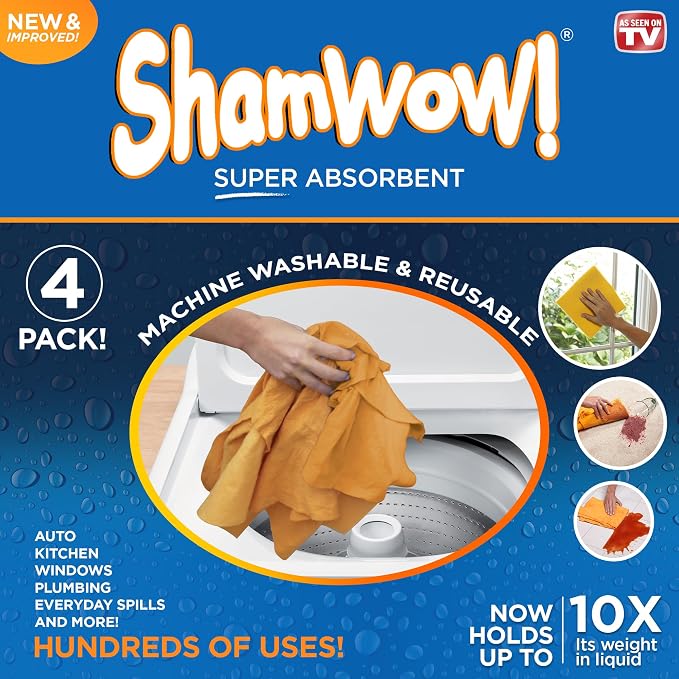 ShamWow Shammy Cloth 4-Pack, 20"x24", Super Absorbent Chamois Towel | Super Large, Lint-Free & Scratch-Free, Holds 10x Its Weight