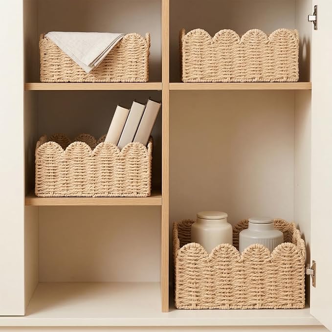 Scalloped Wicker Baskets Set of 3, Hand-Woven Storage with Handles | set of 3 beige scalloped baskets with handles. Hand-woven paper rope for shelves, bathroom or closet. Stackable, sturdy.