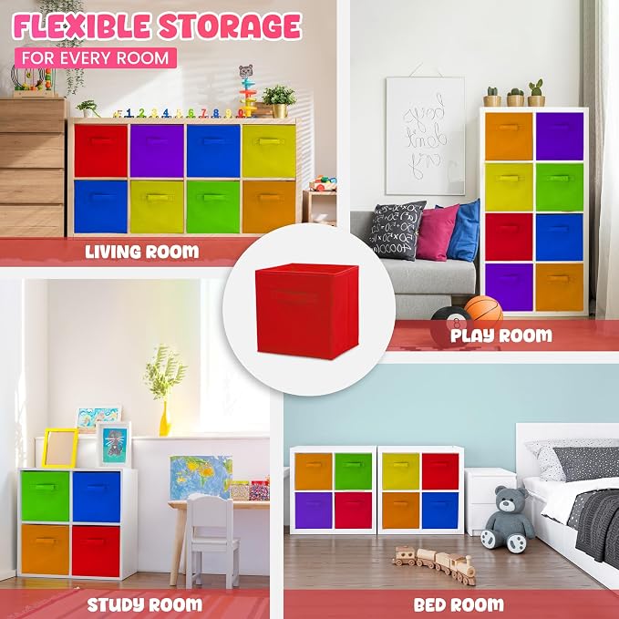 4E's Novelty 6 Packs 11 Inch Rainbow Color Storage Cube Bins, Colorful Storage Baskets For Nursery, Kids Room, Fabric Baskets For Toys, Clothes, Boho Cube Bins for Classroom Organization & Storage
