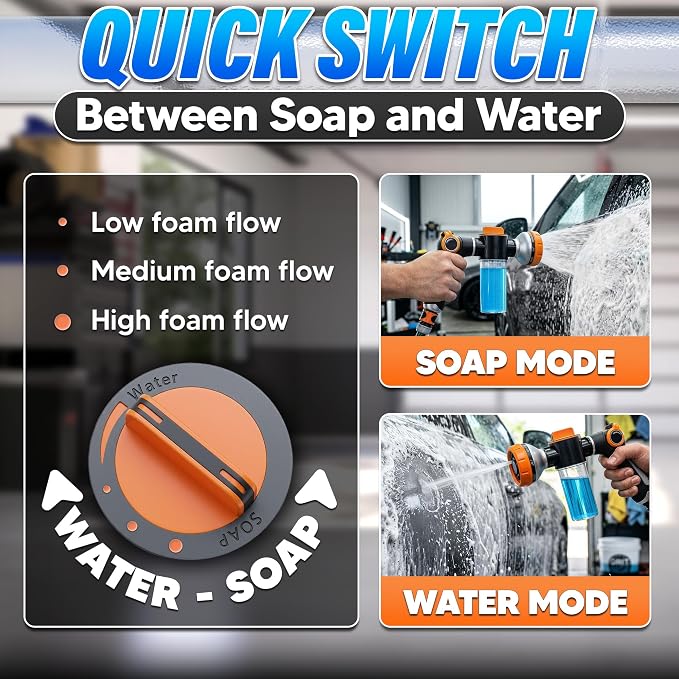 Car Wash Sprayer and Nozzle with Soap Dispenser, 3.5 oz Foam Tank (Orange) | Hose Attachment for Car, Truck, and Dog Washing, Foam Control Dial, 8 Spray Patterns, Fits 3/4 In Hose, ABS Body, 2 O-Rings