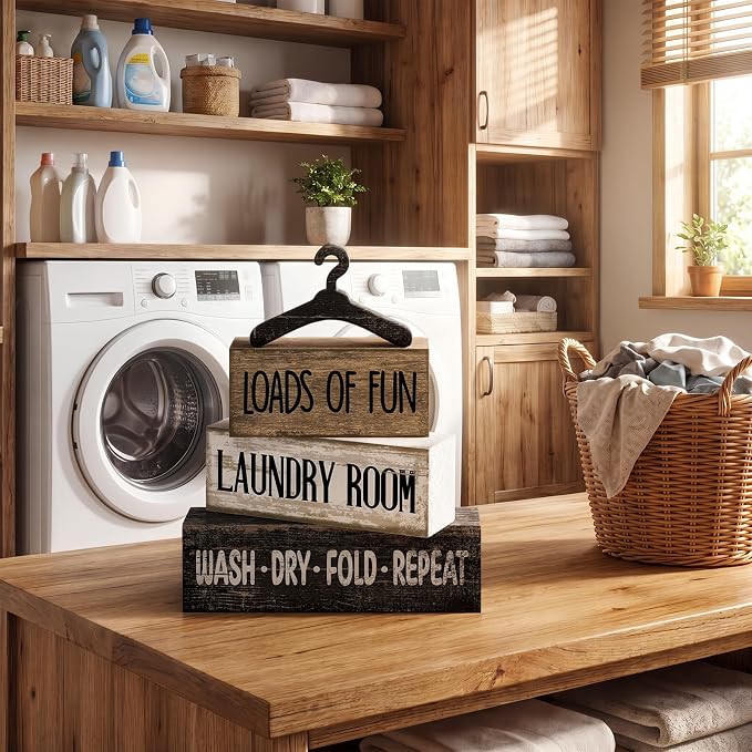 Moucuny 4 Pcs Laundry Room Decor Wooden Signs Rustic Farmhouse Block | Wash Dry Fold Repeat Text, Laundry Shelf Decor, Tiered Tray Centerpiece, Rustic Farmhouse Style with Hanger Accent